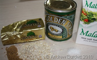 Ingredients: Salt, butter, oats, sugar, and golden syrup