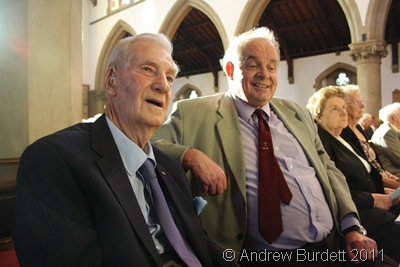 OLD BOY_Len Reynolds, left, sat with a friend of Sally's, just before the service began.