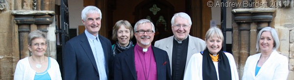 PHOTO CALL_Sally Lynch, second from right, with churchwardens, the area dean, the Bishop of Reading, and the archdeacon.