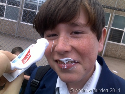 Tom Griffiths coated with toothpaste, after an investigation into how much pressure the tube's lid could handle went badly wrong.