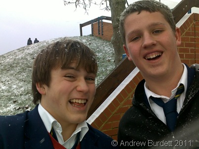 Whilst everyone else was going home at the start of the Christmas holidays, I took this photo of me and Tom Stern, just after a sprinkling of snow fell on the school.