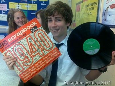 Sam Ralphs clutches a BBC Scrapbook: 1940 record disc that he saved from the skip during a clear-out of the History department's shelves.
