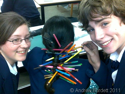 Matilda Rose and Sam Ralphs posted pens into the ponytail of Erin Kyle-Davidson, amazingly without her even noticing!