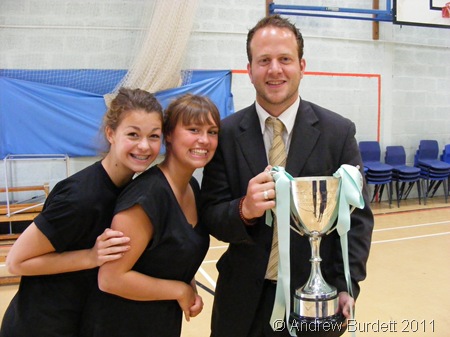 CROWNING GLORY_On his last day at Furze Platt, Mr Neill received the House Cup on behalf of Eton, posing here with Kirstie Bradbrook-Armit and Charlotte Street.