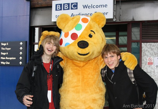 BEARLY ABLE TO CONTAIN OURSELVES_Geoff, Pudsey Bear, and I, outside the main part of BBC Television Centre.