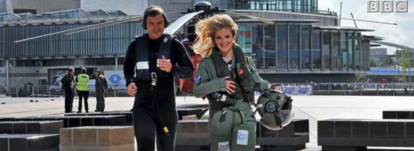 TOUCHDOWN_Barney Harwood and Helen Skelton arrive by boat and helicopter respectively, at MediaCityUK.