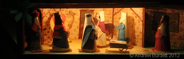 ALL TOGETHER NOW: The wise men, Joseph, Mary, and the shepherd at the end of the nativity section. (IMG_1537)