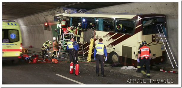 DISASTER: The coach, carrying students home from a ski trip, crashed into the wall of a tunnel.