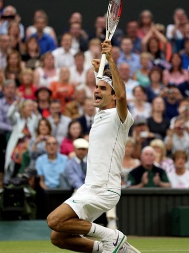 CHAMPION: Federer falls to his knees on winning the match - and the Championships. (_61440527_015278935-1)