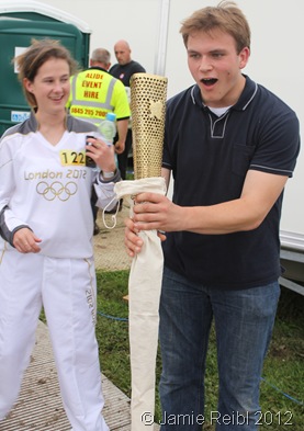 WHAT AN HONOUR: Backstage yesterday, Torchbearer Number 112 let me hold her prestigious torch. (IMG_8650)