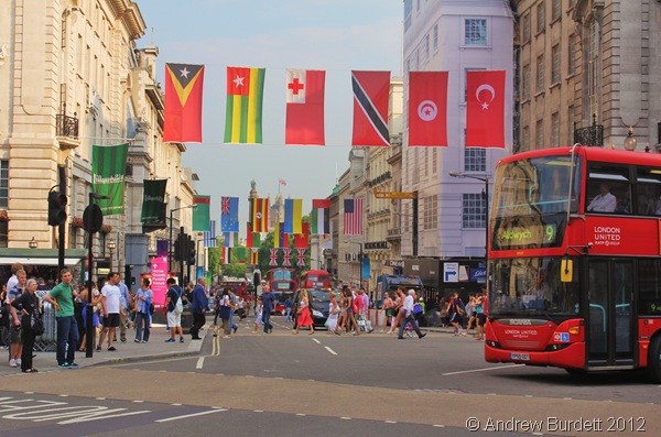 INTERNATIONAL CITY: In celebration of all of the nations competing at the London 2012 Olympics, Picadilly is dressed with flags. (IMG_9647-edited)