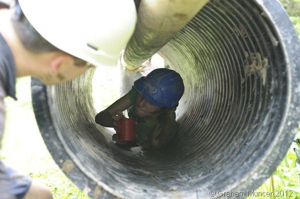 CUP RELAY: Madi crawling through the tube, during one section of the assault course, before passing the cup to the waiting me. (1041_20120809_DSC3672_GrahamMuncer)