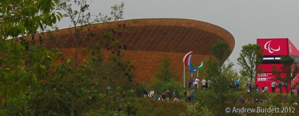 PARALYMPIC AGITOS: The Olympic rings by the Velodrome were replaced with the three agitos. (IMG_2748)
