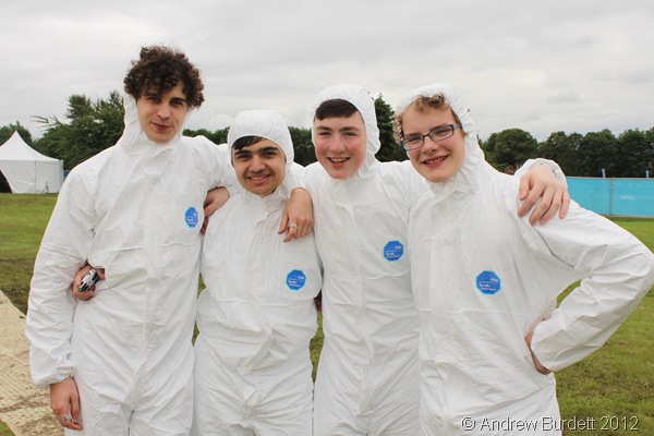 SUITED AND BOOTED: Jamie, Tom, Harry, and Chris in the Tyvek suits. (IMG_8412/OXFORD)