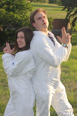 WHAT A PAIR: Lauren and me posing in our Tyvek suits. (IMG_9508/HENLEY)