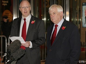 LEAVING JUST AS HE STARTED: George Entwistle appeared in front of Broadcasting House with Lord Patten tonight, just as they'd appeared when he was announced as the new DG months ago.