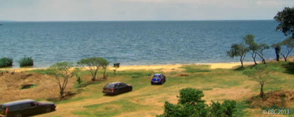 TASK COMPLETE: The three cars pull up at Lake Victoria, with the presenters thinking they'd finished already.