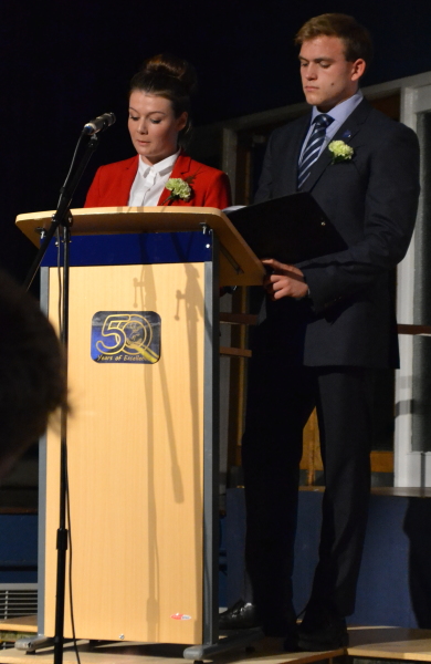 Sarah Donlon and Andrew Burdett speaking at Furze Platt Senior School's Celebration (Speech) Evening in September 2013.