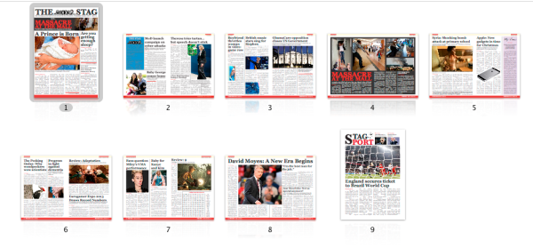 A graphic showing the page-layout of the latest edition of The Stag.