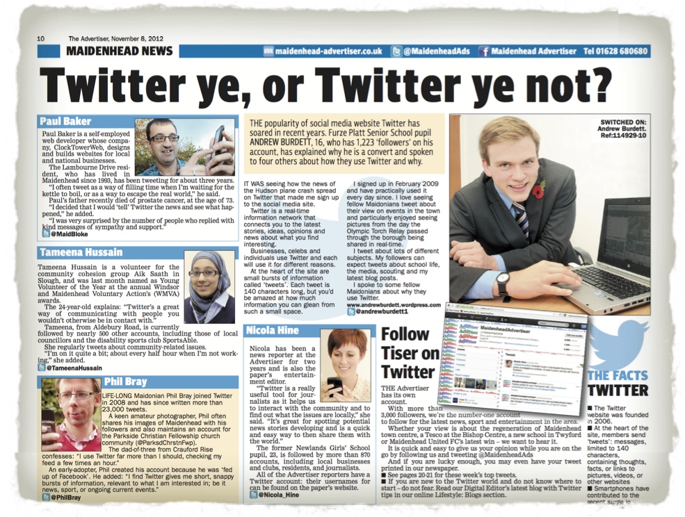 A graphic showing a section of the Maidenhead Advertiser edition featuring my Twitter usage report.