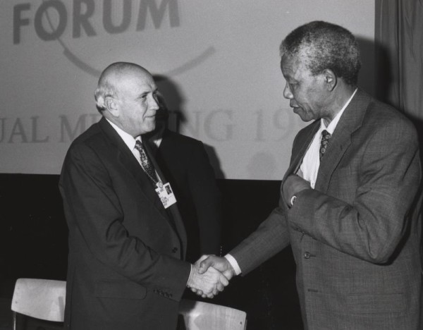 Frederik Willem de Klerk and Nelson Mandela shake hands
