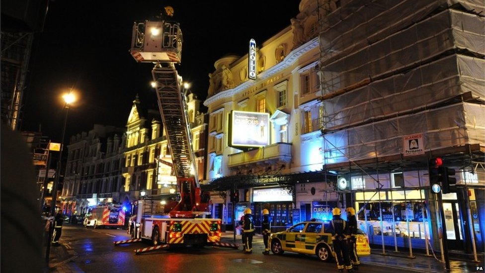 A night scene on a shut road in London's West End, in the aftermath of the partial theatre-collapse.