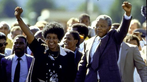 Nelson Mandela pictured walking free.