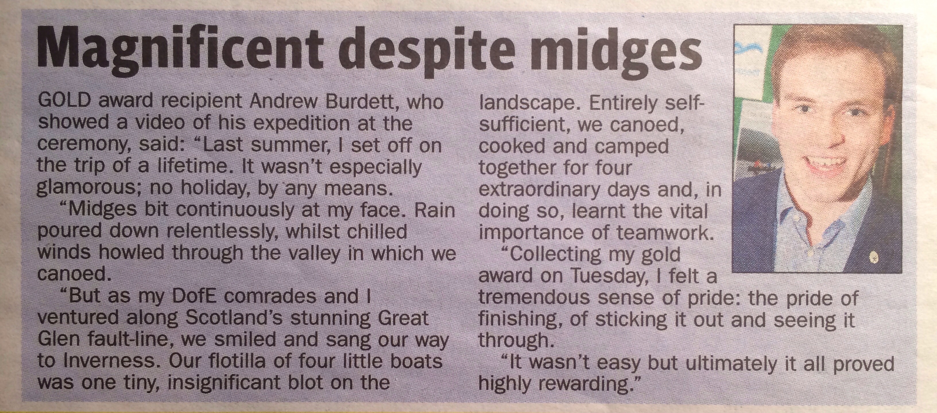 A photograph of the text-box, filled with Andrew Burdett's comments on my DofE Gold award expedition, taken from the Maidenhead Advertiser.