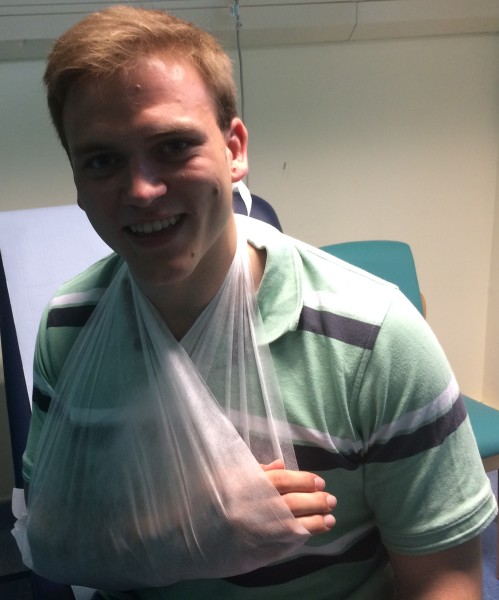 Andrew Burdett with his arm in a sling, following the accident.