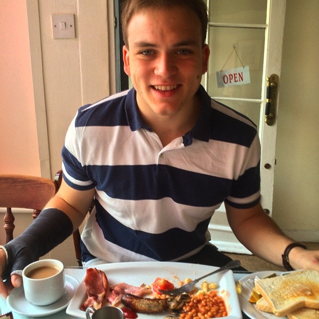 Andrew Burdett enjoys breakfast at the Crooked House of Windsor.