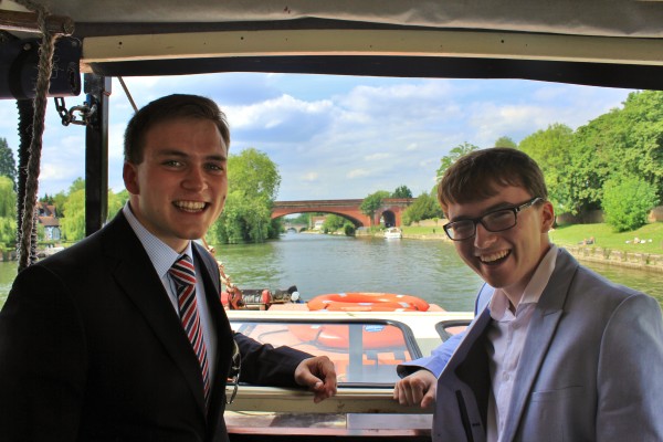 Andrew Burdett with his friend over many years, Jake Smith, as the boat neared Maidenhead Railway Bridge.