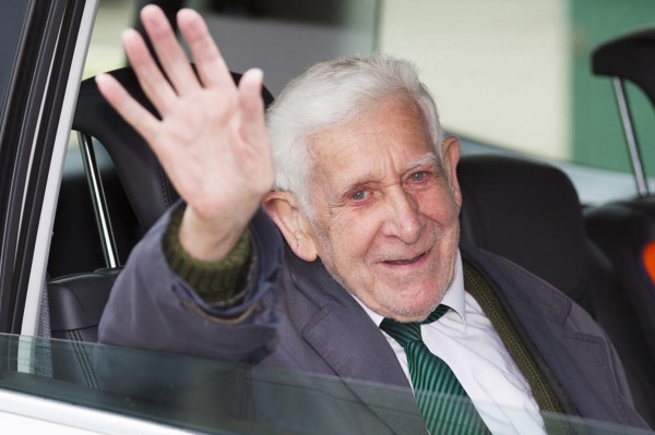 David Jordan, a D-Day veteran, waves on his return from the D-Day 70 commemorations.