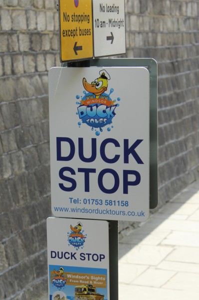 A sign reading 'DUCK STOP', marking the point from where our amphibious tour began.