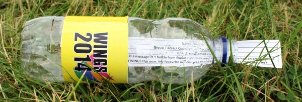 A mock-up WINGS water bottle (made at 6:00pm yesterday afternoon) with a message enclosed, for the Daily Brew newspaper.