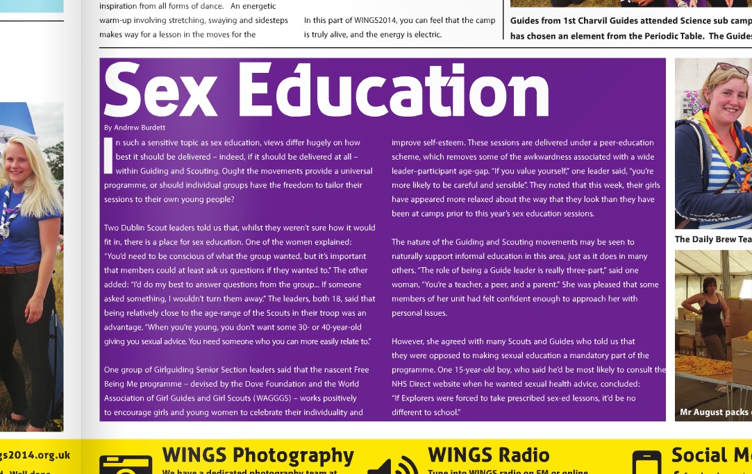 The article on participants' thoughts on Sex Education within the Scouting and Guiding movements, as it appeared in The Daily Brew (WINGS2014 newspaper).