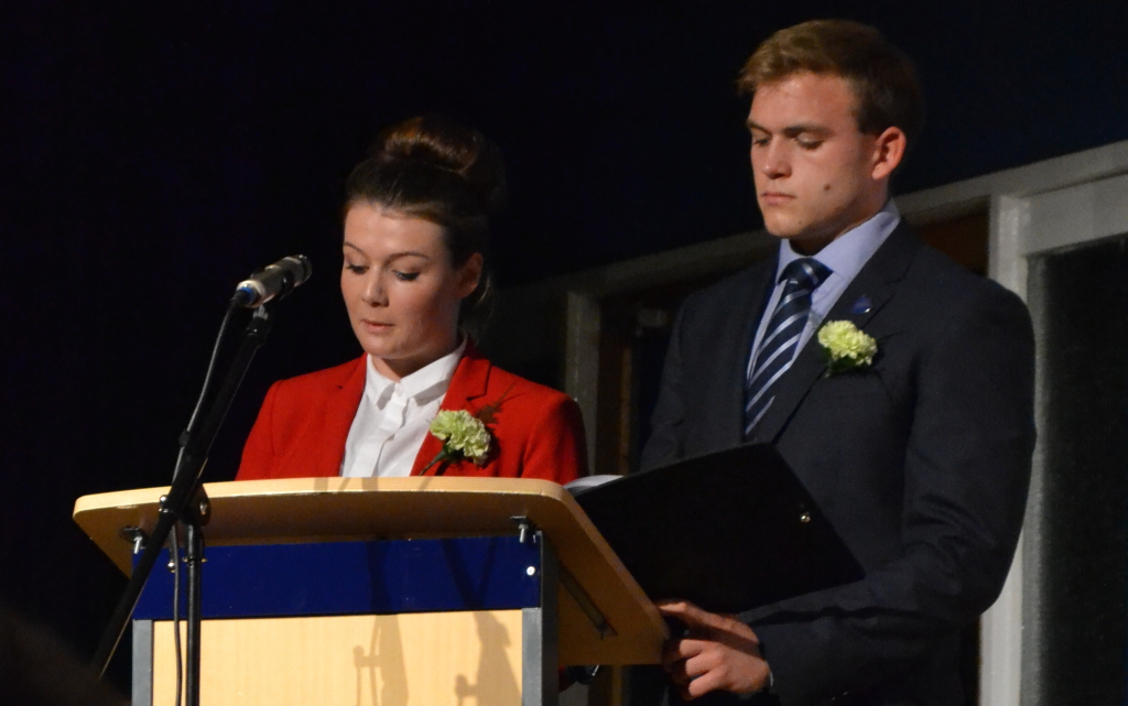 Sarah Donlon and Andrew Burdett speaking at Furze Platt Senior School's Celebration Evening in September 2013.