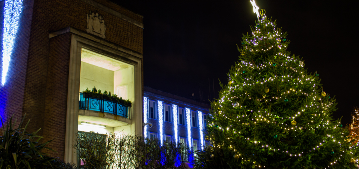 The 1960s Town Hall, which once doubled for a hospital in the Carry On films, is illuminated in dazzling new lights this Christmas.
