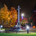 Around the war memorial in front of the Town Hall, the trees and street-lamps bear illuminations and decorations.