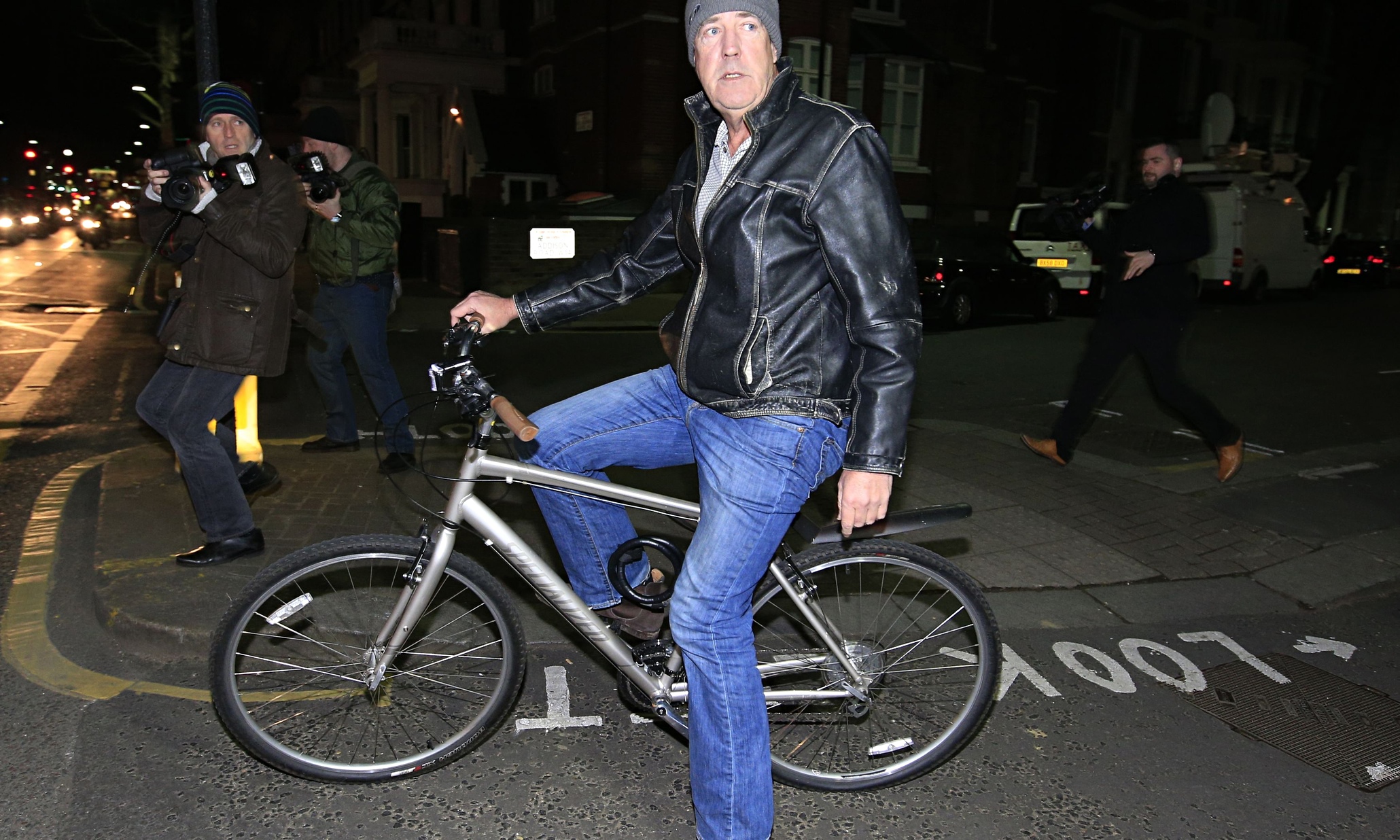 Jeremy Clarkson, pictured on his bicycle tonight, after hearing the BBC is not going to renew his Top Gear contract.