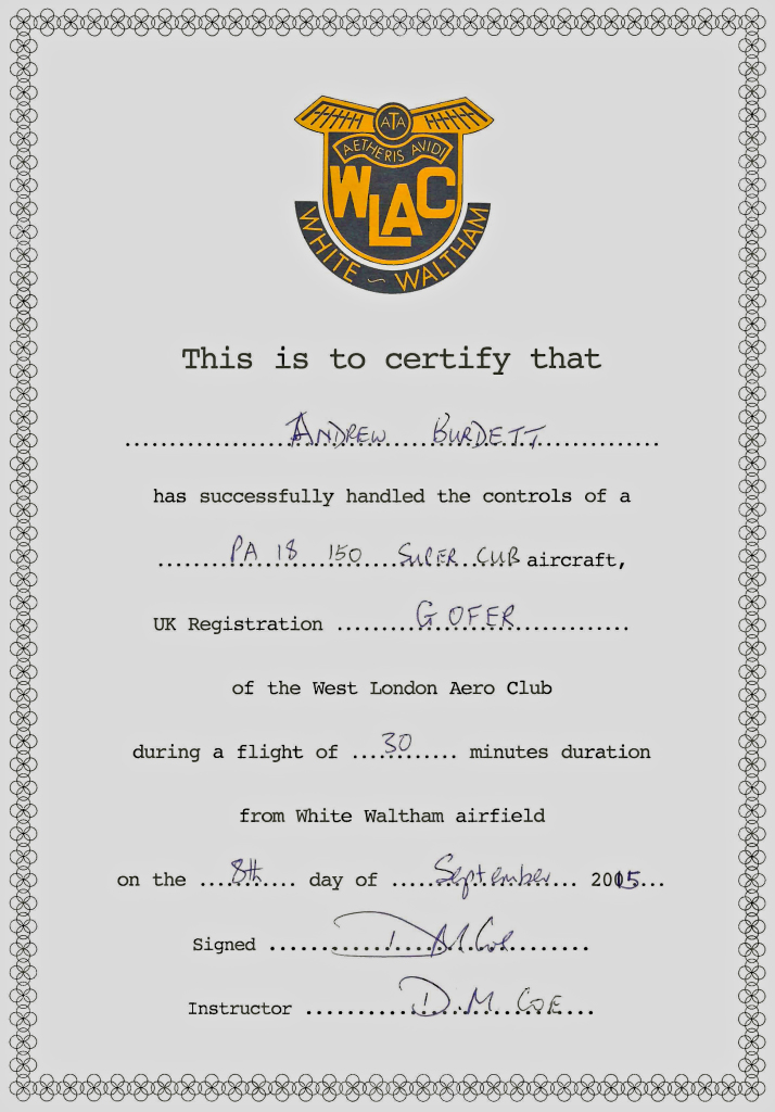 Andrew Burdett's certificate on completing an introductory flying lesson.